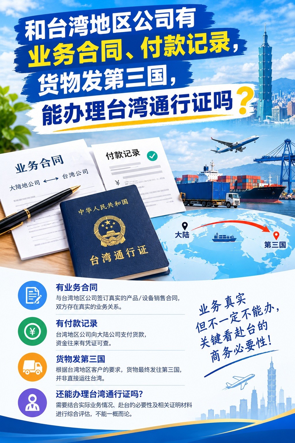 和台湾公司有业务合同、付款记录,货物发第三国,能办理台湾通行证吗